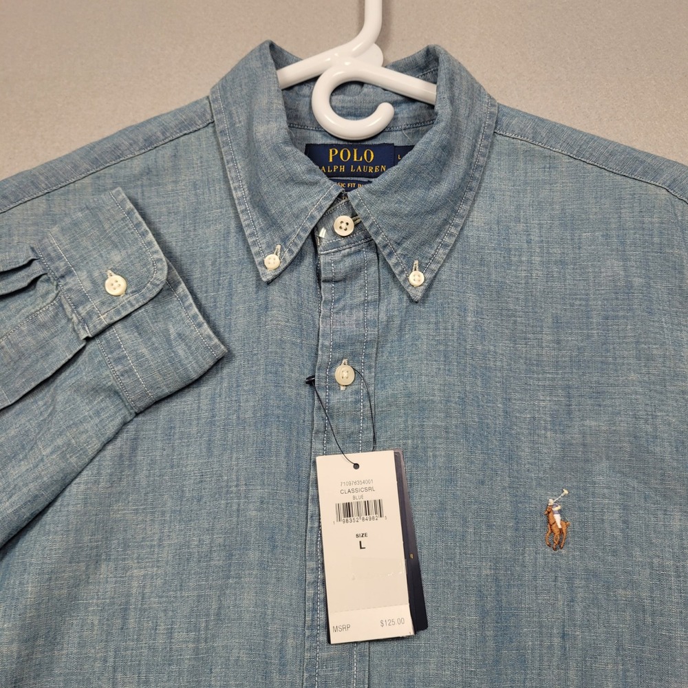 Polo Ralph Lauren Mens Large Indigo Blue Chambray Shirt RL Untucked Fit NWT